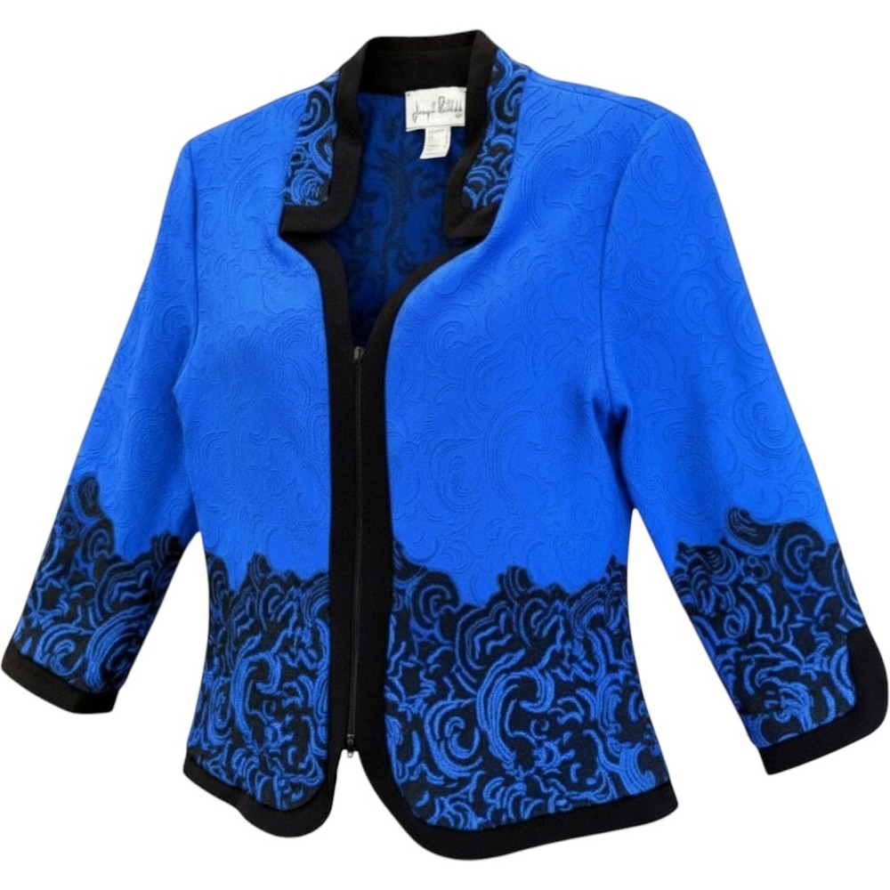 Joseph Ribkoff Blue Black Paisley Jacquard Bolero Zip Jacket Womens 10 Canada